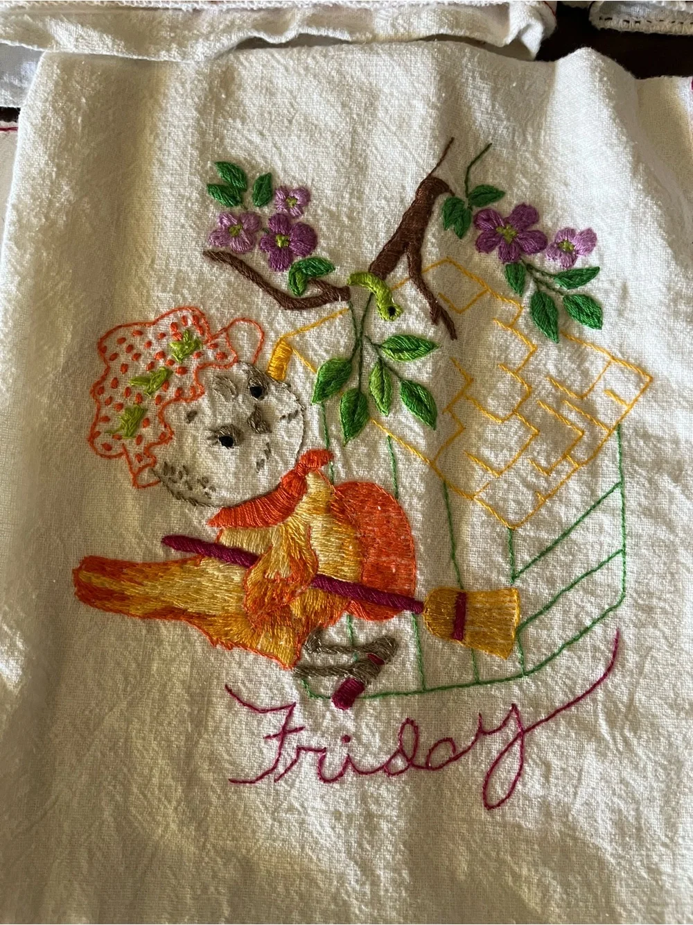 Bird Days of the Week Flour Sack Towels Embroidered Vintage